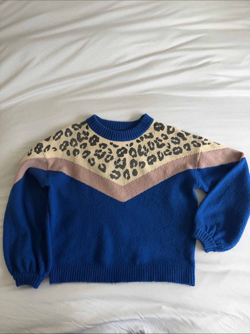 Royal Blue Crewneck Sweater with Leopard Yoke